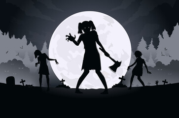 Collection of Zombie is Woman while standing and reaching hand action in Silhouette style. Full length of people resurrected for Halloween theme.