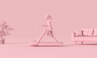 A woman running on a treadmill at home. 3D Rendering