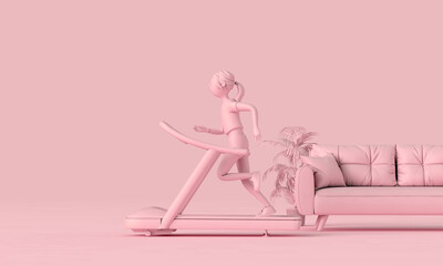 A woman running on a treadmill at home. 3D Rendering