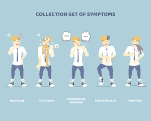 collection set of symptoms with man such as sneezing, coughing, vomiting, high fever, stomach ache, headache, disease health care concept, flat character design clip art vector illustration