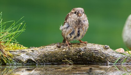 Young house sparrow sitting on a stick near the grass of a bird watering hole. He sprays water. Backlight. Czechia. Europe. 