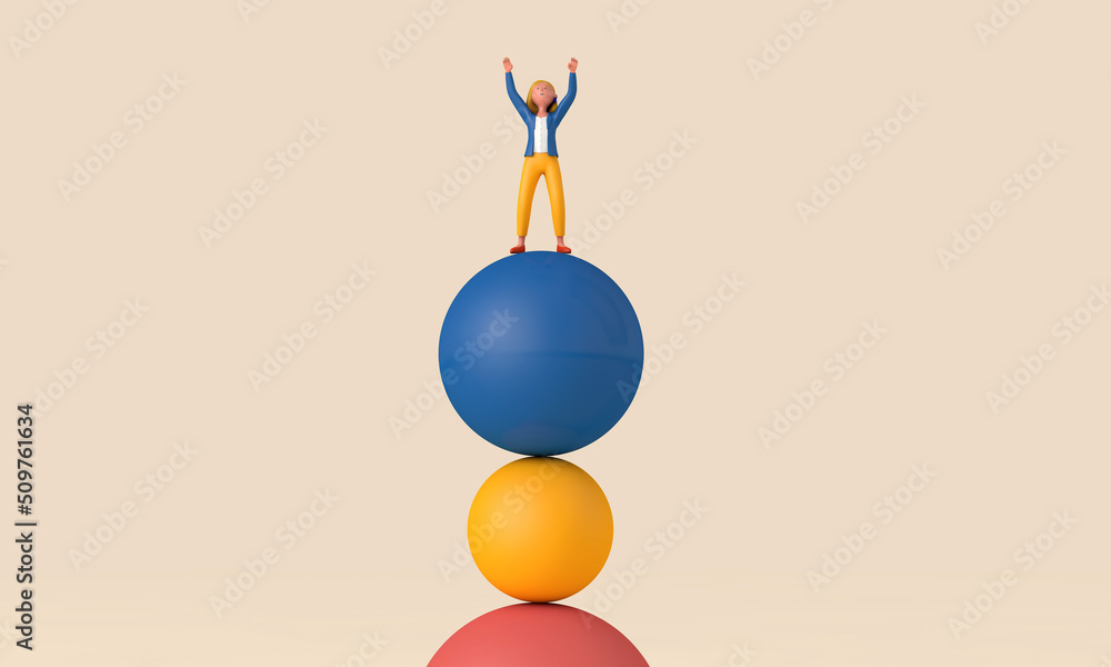 Poster a female character balancing on unstable shapes. 3d rendering