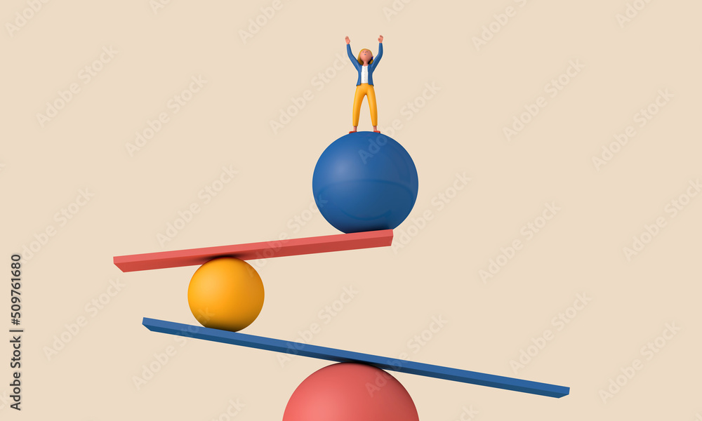 Poster a female character balancing on unstable shapes. 3d rendering