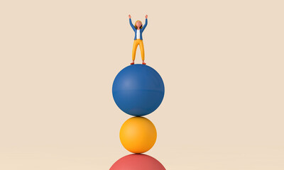 A female character balancing on unstable shapes. 3D Rendering