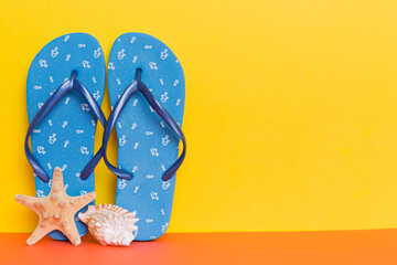 Beach accessories. Flip flops and starfish on colored background. Mock up with copy space
