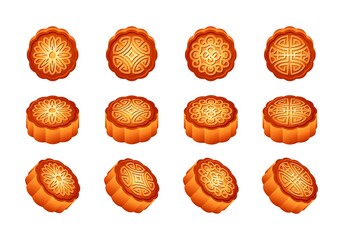 Collection of 3d Chinese moon cake for Mid Autumn festival. Sweet cakes or dessert from different sides on white isolated background. Decoration element for oriental fall holiday. Vector illustration