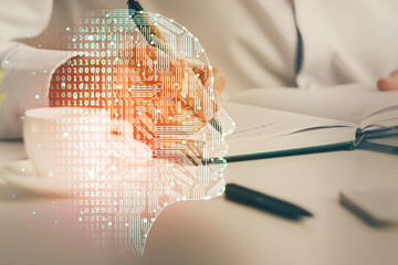 Brain multi exposure icon with man hands background.
