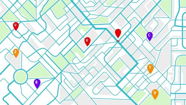 City map navigation route seamless loop. GPS Tracking. Moving red marker forward on a map. Arrow moving on city map. GPS navigation route delivery point.