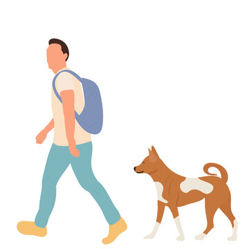 man walking with dog in flat design, isolated
