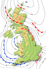 Forecast weather map of Great Britain. Meteorological, topography, physical map. Template of synoptic map showing of movement fronts cyclone and anticyclone wind in graphic chart, isobars, temperature - obrazy, fototapety, plakaty