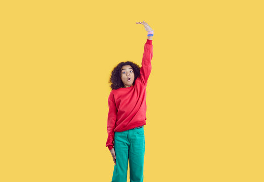 Funny kid wants to be taller. Beautiful ethnic child raises up hand showing how many inches more to grow. Studio portrait Afro American girl in casual red top and green trousers measuring her height