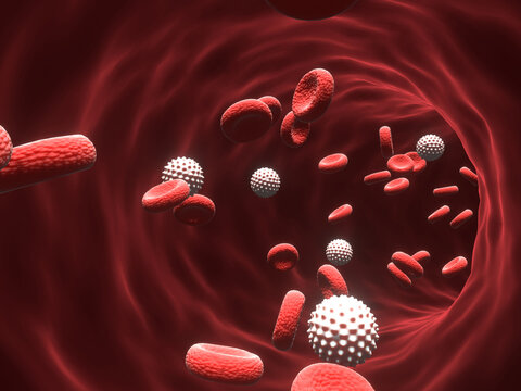 3d render of Red Blood Cells Flow Through Blood Vessel In Circulatory System