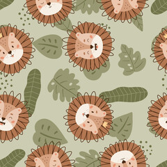 Safari seamless pattern with faces of lions. Palm leaves on green background. Pastel colors. Hand drawn jungle animal. Perfect for textile, prints on fabrics and wrapping paper. Vector illustration. © Kristina