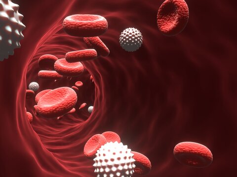 3d render of Red and White Blood Cells Flow Through Blood Vessel In Circulatory System