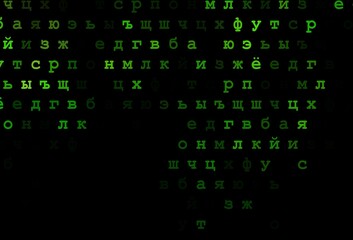 Dark green vector background with signs of alphabet.