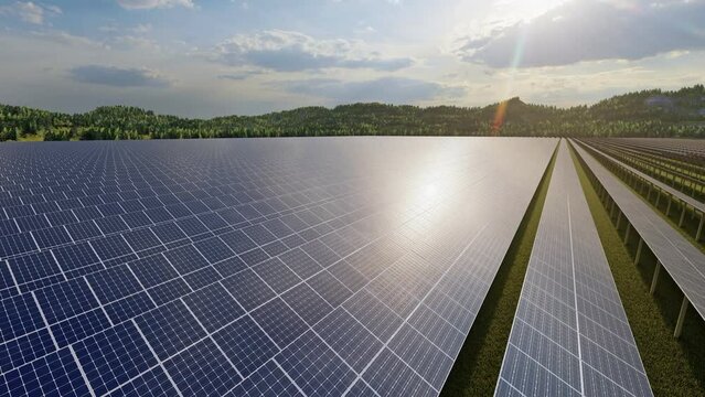 Blue photovoltaic solar panels. Production of renewable energy concept. Alternative source of electricity. Solar farm. Rows array of solar panels or polycrystalline silicon solar cells.