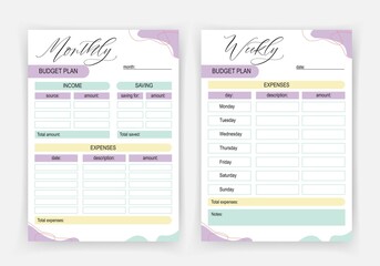 Set of budget planners for month and week. Minimalist simple printable planner.