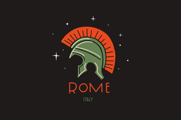 Medieval helmet of a Roman legionnaire with crest. Popular symbol of the country of Italy. Vector illustration isolated.