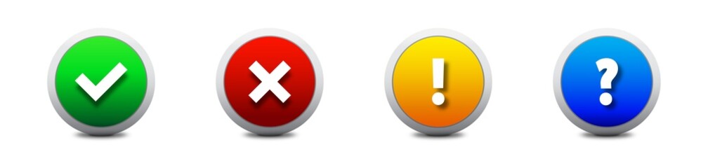 Set of tick, cross, exclamation point, and question mark signs in color 3d design. Realistic Right And Wrong 3D buttons. Check marks - cross sign and tick sign. Flat vector illustration.