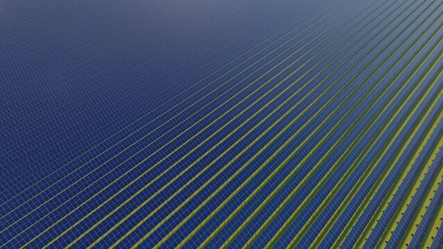 Blue photovoltaic solar panels. Production of renewable energy concept. Alternative source of electricity. Solar farm. Rows array of solar panels or polycrystalline silicon solar cells.