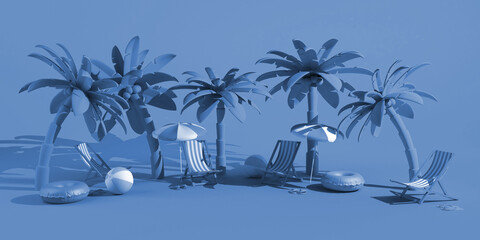Fototapeta na wymiar Summer beach concept with palm trees, beach chairs, umbrellas and inflatable beach toys. Copy space. 3D illustration.