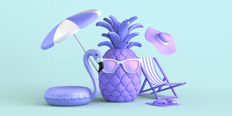 Summer vacation concept with pineapple with sunglasses beach accessories. Copy space. 3D illustration.