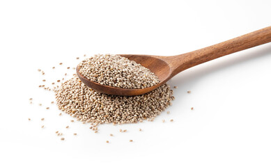 Wooden spoon and white chia seeds placed on white background.