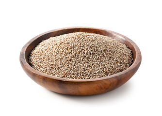 White chia seeds in a wooden dish placed on a white background.