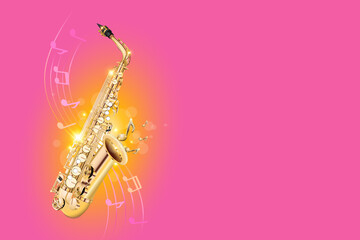 Golden saxophone on a pink background with glitter