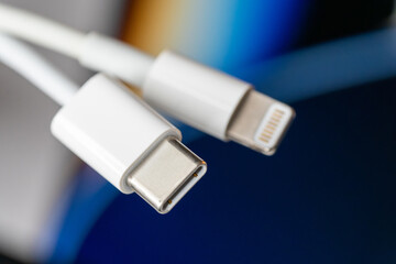 USB-C and Lightning cable lead Close Up Shot                              