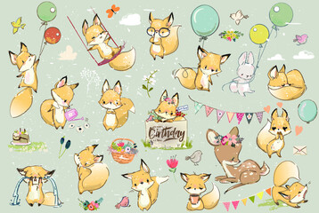 big vector collection with lovely fox and hare - obrazy, fototapety, plakaty