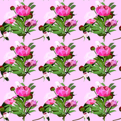 Seamless floral pattern with peony on a pink background. Design for wallpaper, fabric, wrapping paper, cover and more. Vector illustration.