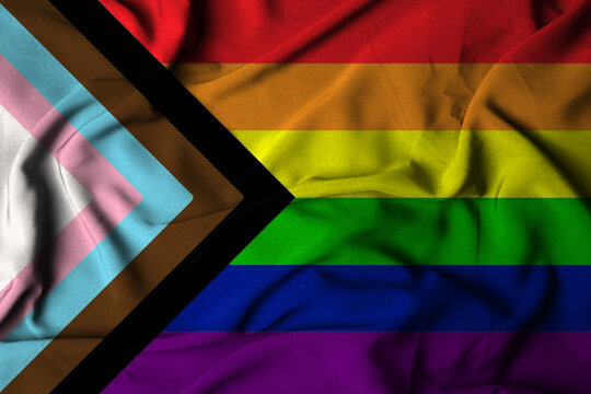 selective focus on the wavy satin LGBTQ progress flag, one of the prided LGBTQ sexual minority community. 3d illustrations