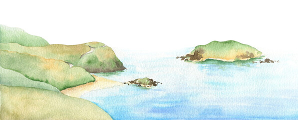 Seascape illustration. Hand painted watercolor design. Mediterranean landscape. For posters, prints, cards, background © Victoria Pak