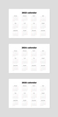 Set of calendars 2023, 2024, 2025. Blank printable horizontal one-page calendar templates. Vector illustration 10 EPS.