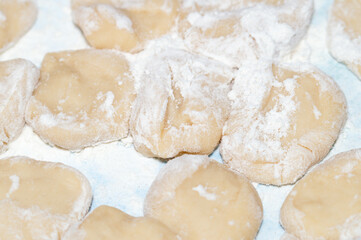 pieces of raw dough in flour