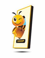 Cartoon cute bee holding honey pot coming out of mobile phone screen. Honey online business concept with bee mascot illustration