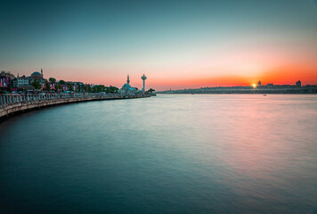 Fototapeta na wymiar sunset over the Bosphorus strait in Istanbul city