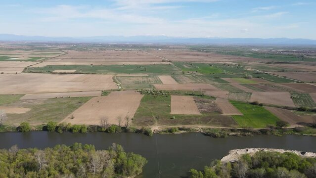 Aerial view of Chepelarska River, pouring into the Maritsa River near city of Plovdiv, Bulgaria