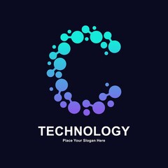 Abstract Letter C with molecule element and dots connection vector logo design. This for biotechnology molecule atom DNA chip symbol, Medicine, science, technology, laboratory, electronics