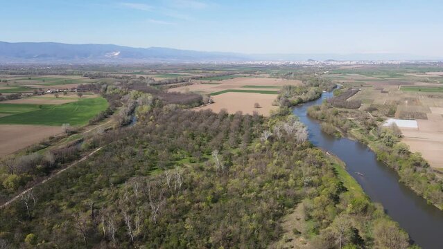 Aerial view of Chepelarska River, pouring into the Maritsa River near city of Plovdiv, Bulgaria