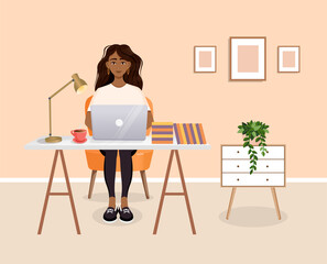 Woman sits at a table, works at home at a computer. Remote work, freelance, home office, programming, training. Vector illustration