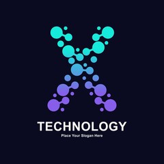 Abstract Letter X with molecule element and dots connection vector logo design. This for biotechnology molecule atom DNA chip symbol, Medicine, science, technology, laboratory, electronics