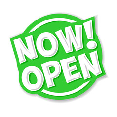 Now open door sign or web banner. Vector on transparent background