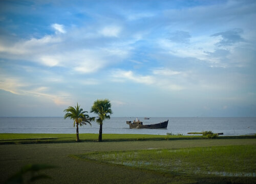 Beautiful scenery of a boat in river beside two palm tree