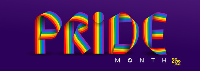 Pride hand drawing lettering inscription. Pride 2022 text with LGBT Flag Colors. Colorful text lined with ribbons. Vector illustration design. Isolated on violet background. Lgbt, concept.