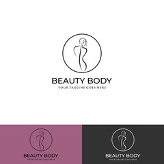 Slim female body silhouette logo mockup, abstract health feminine svelte figure of a young girl pink line art, female emblem template for spa or diet.