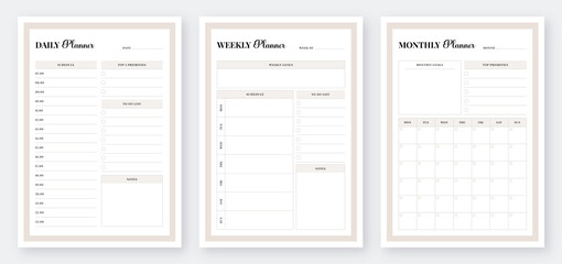 Daily, weekly, monthly planner template. 3 Set of minimalist planners. Vector planner templates. Modern planner template set. Printable planner template. Planner pages templates.