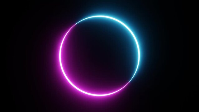Seamless looping round circle picture frame with two tone neon color shade motion graphic on isolated black background. Blue and pink light moving for overlay element. 4K footage video motion graphic