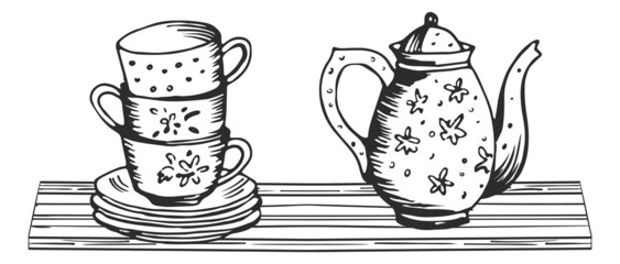 Tea tableware standing on wooden kitchen shelf. Black ink sketch